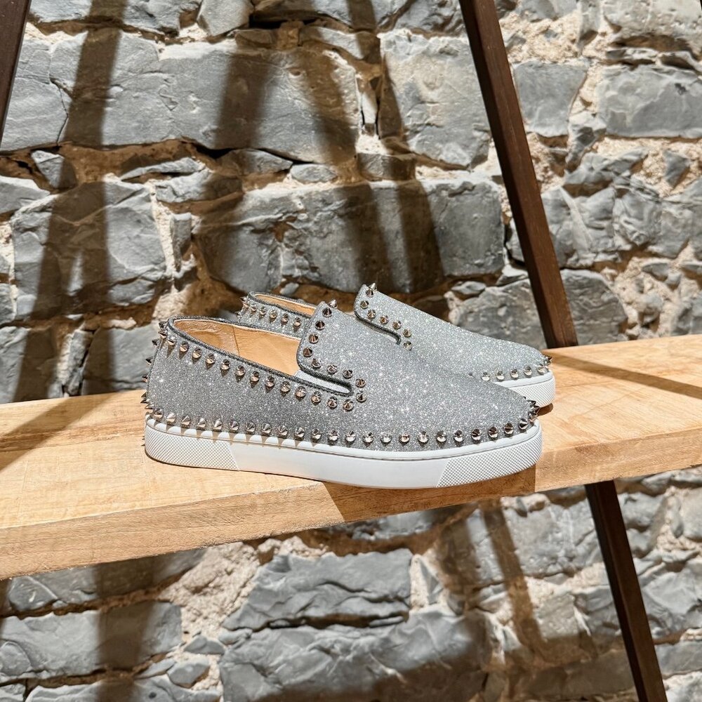 Christian Louboutin Silver Glitter Pik Boat Slip-on Sneakers